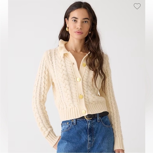 J Crew Cable-knit Ruffleneck Cardigan Sweater BV351 - Picture 1 of 8